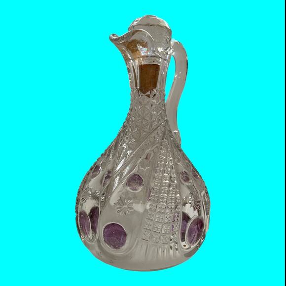 Vtg EAPG Glass Vinegar-Oil Cruet, Stopper Cranberry Flash Pitcher Dimple & Star - Picture 3 of 16